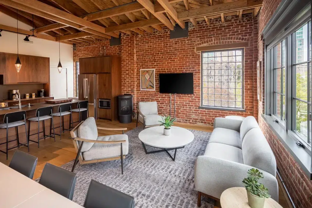 Unit 303 living room and kitchen, Elevation Lofts Hotel Asheville NC