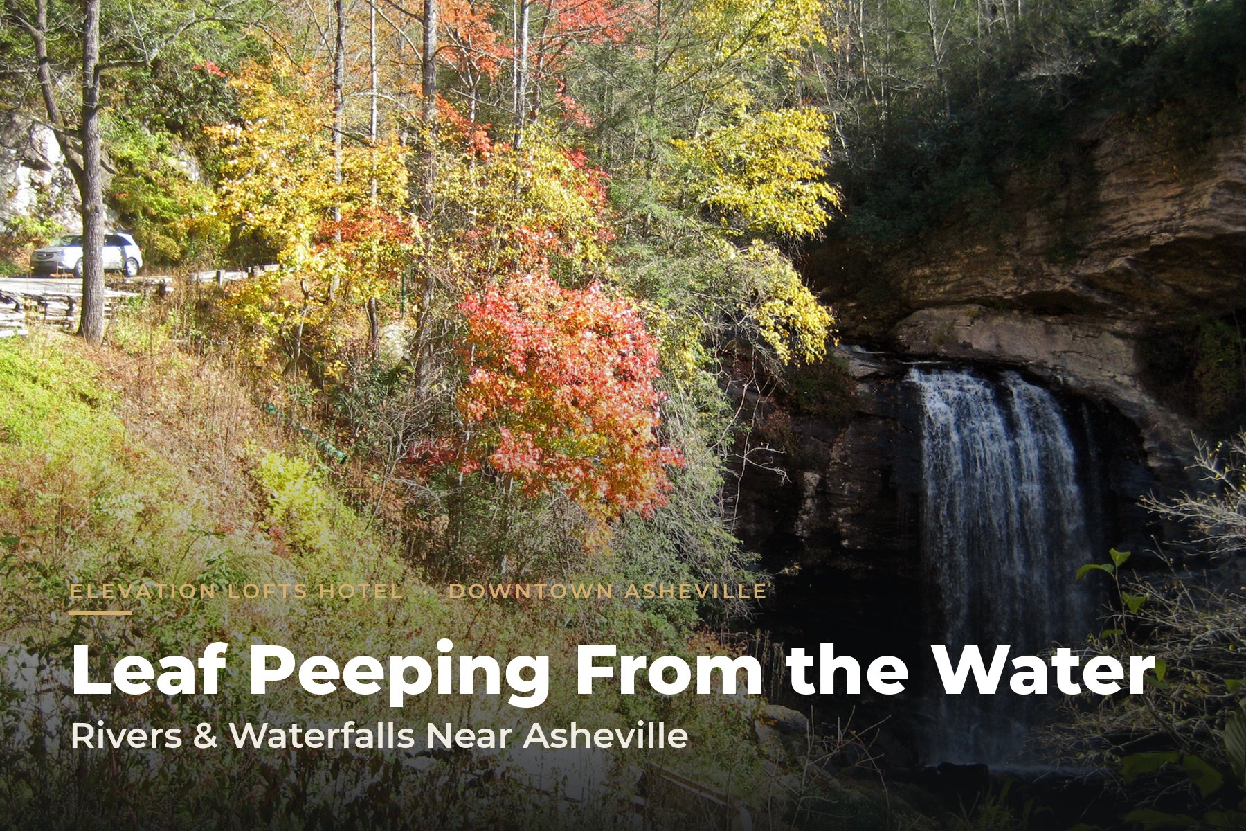 Looking Glass Falls framed by red and gold autumn trees in Pisgah National Forest near Asheville